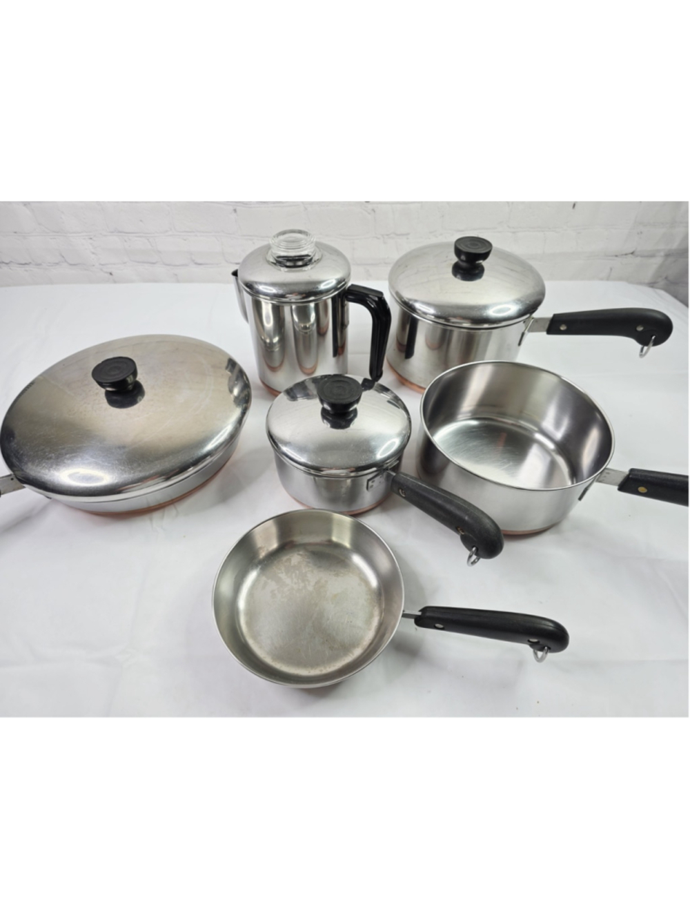 Vintage Revere Ware Copper Clad Lot Of 6 Skillet, Percolator, Sauce Pans